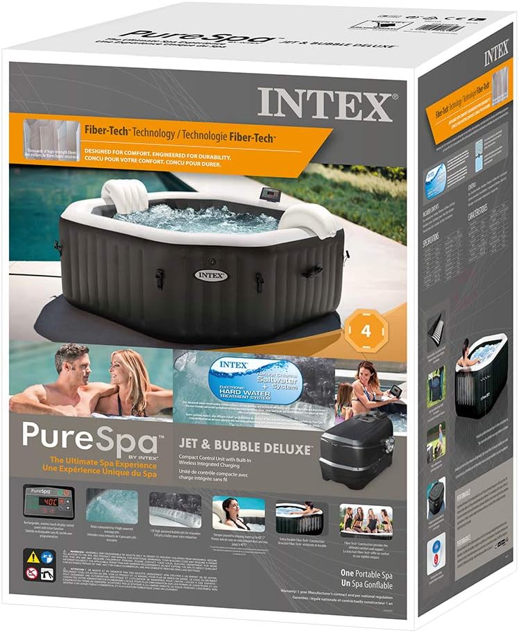 Intex 28458EX - Whirlpool aufblasbar PureSpa Jet&Bubble Deluxe, 4 Personen, 120 Düsen, Heizung, Schwarz, 201x71 cm