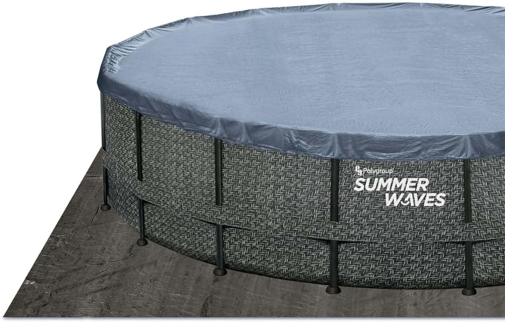 Summer Waves Frame Pool Komplettset | Rund 549x132 cm Rattan Optik Grau | Aufstellpool Set | Gartenpool & Schwimmbecken inkl. Filterpumpe, Bodenvlies, Abdeckplane & Einstiegsleiter