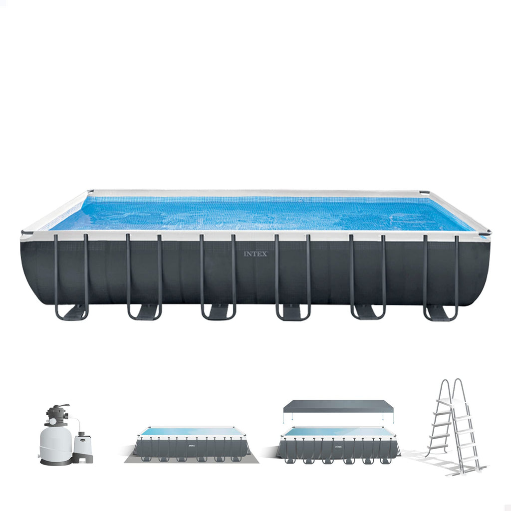 Intex 26374NP – Aufstellpool Ultra XTR Frame Rechteckig, Filterpumpe 10500 L/h, Leiter, Bodenplane und Abdeckplane, 54368 L, Stahl und PVC, Grau, 975x488x132 cm