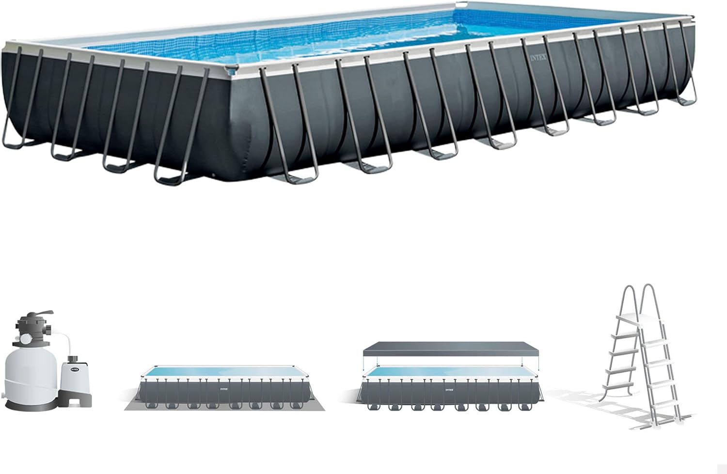Intex 26374NP – Aufstellpool Ultra XTR Frame Rechteckig, Filterpumpe 10500 L/h, Leiter, Bodenplane und Abdeckplane, 54368 L, Stahl und PVC, Grau, 975x488x132 cm