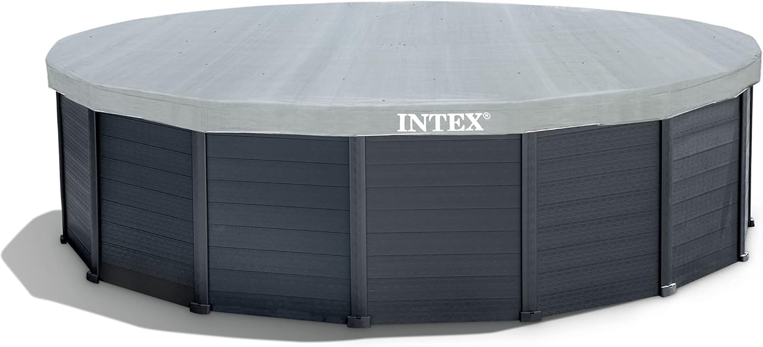 Intex Frame Pool Set Graphit Ø 478 x 124 cm, Pool, Sandfilter, Abdeckplane, Bodenschutzplane, Sicherheitsleiter, GS, 26384GS, Grau