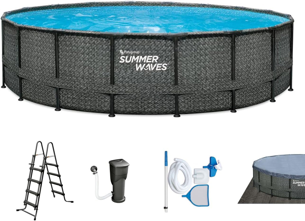Summer Waves Frame Pool Komplettset | Rund 549x132 cm Rattan Optik Grau | Aufstellpool Set | Gartenpool & Schwimmbecken inkl. Filterpumpe, Bodenvlies, Abdeckplane & Einstiegsleiter