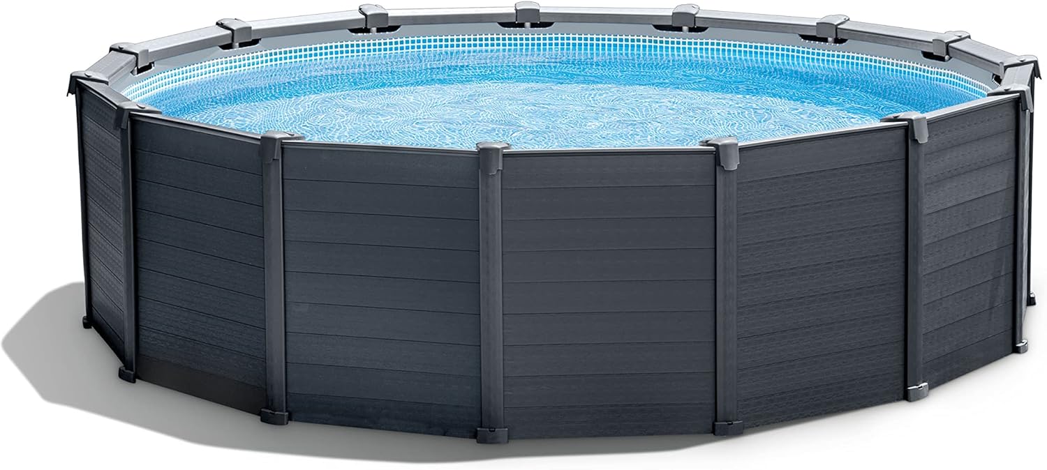 Intex Frame Pool Set Graphit Ø 478 x 124 cm, Pool, Sandfilter, Abdeckplane, Bodenschutzplane, Sicherheitsleiter, GS, 26384GS, Grau