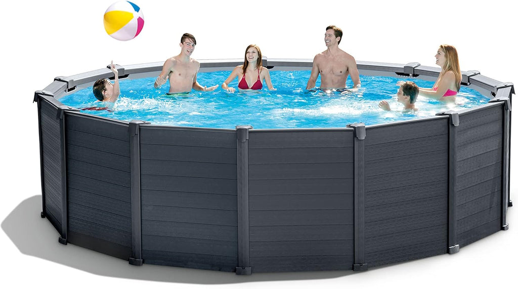 Intex Frame Pool Set Graphit Ø 478 x 124 cm, Pool, Sandfilter, Abdeckplane, Bodenschutzplane, Sicherheitsleiter, GS, 26384GS, Grau