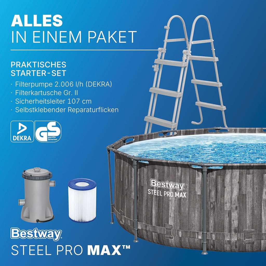 Bestway Steel Pro MAX Frame Pool-Set mit Filterpumpe Ø 366 x 100 cm, Holz-Optik (Mooreiche), rund