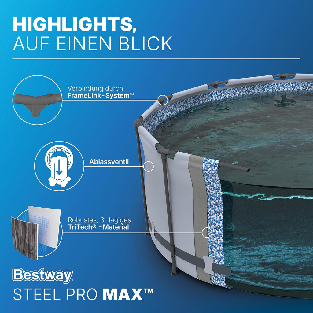 Bestway Steel Pro MAX Frame Pool-Set mit Filterpumpe Ø 366 x 100 cm, Holz-Optik (Mooreiche), rund