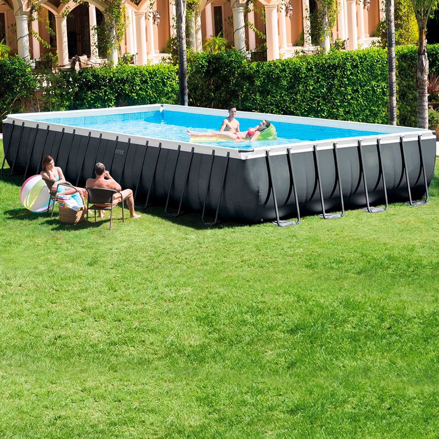 Intex 26374NP – Aufstellpool Ultra XTR Frame Rechteckig, Filterpumpe 10500 L/h, Leiter, Bodenplane und Abdeckplane, 54368 L, Stahl und PVC, Grau, 975x488x132 cm
