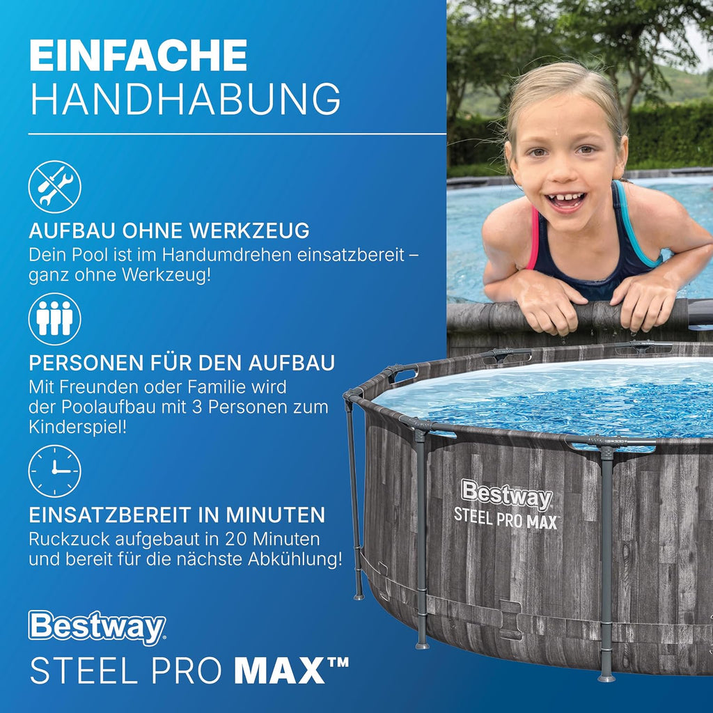 Bestway Steel Pro MAX Frame Pool-Set mit Filterpumpe Ø 366 x 100 cm, Holz-Optik (Mooreiche), rund