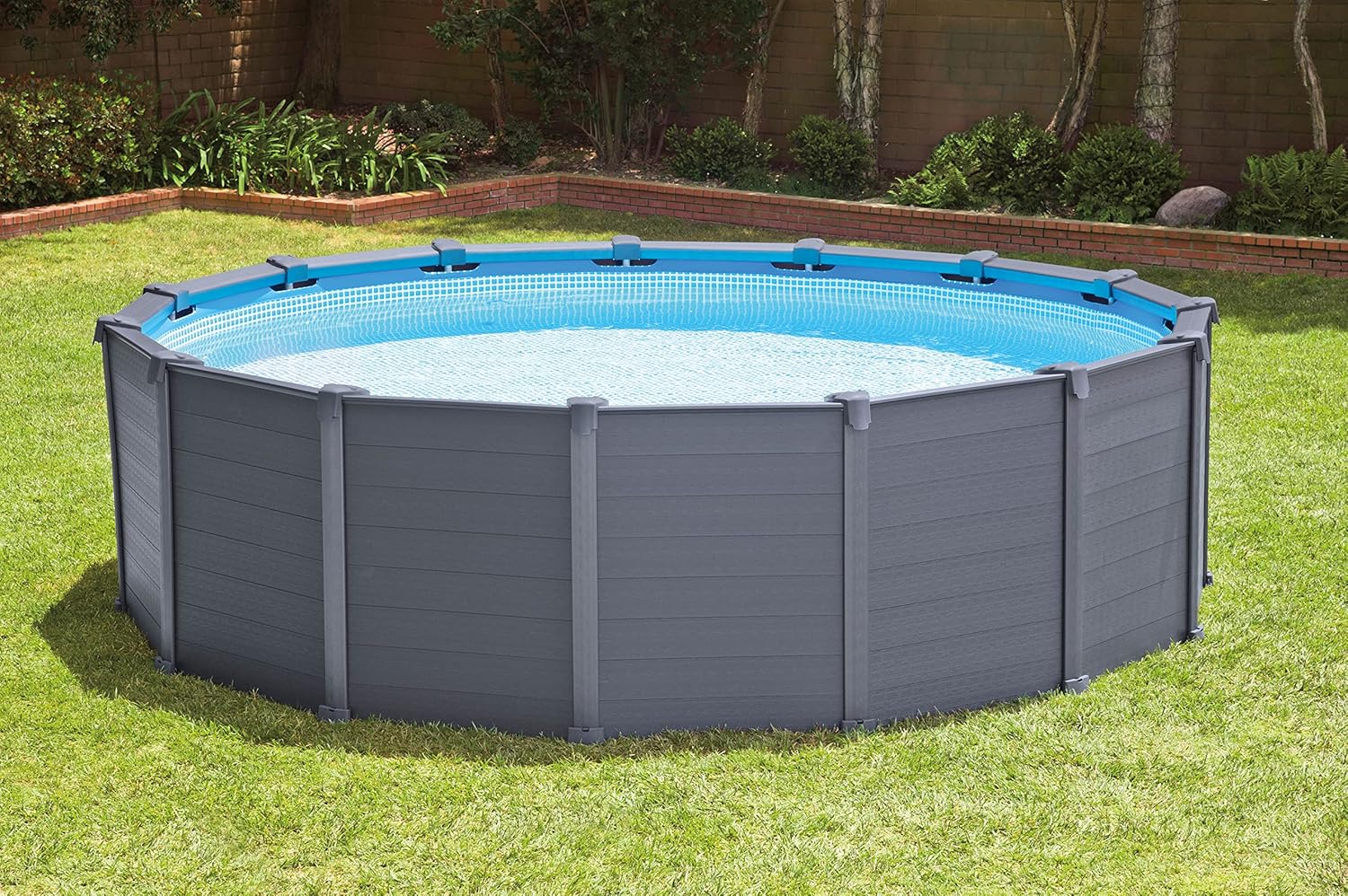 Intex Frame Pool Set Graphit Ø 478 x 124 cm, Pool, Sandfilter, Abdeckplane, Bodenschutzplane, Sicherheitsleiter, GS, 26384GS, Grau