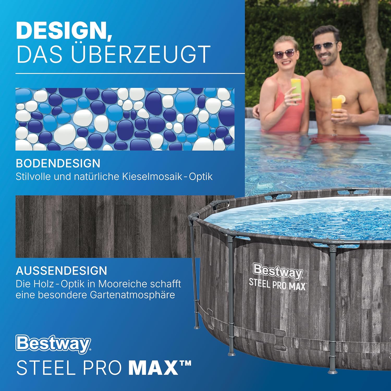 Bestway Steel Pro MAX Frame Pool-Set mit Filterpumpe Ø 366 x 100 cm, Holz-Optik (Mooreiche), rund