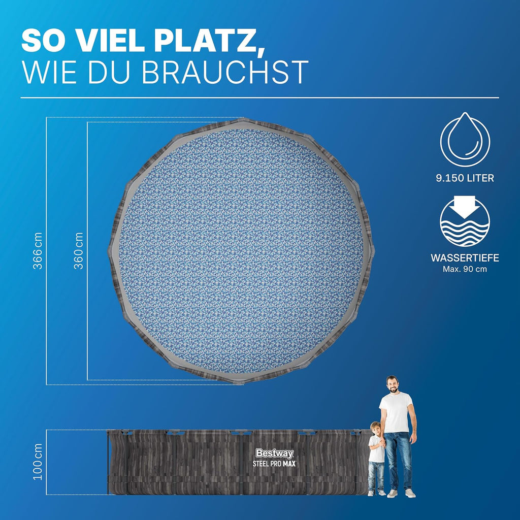 Bestway Steel Pro MAX Frame Pool-Set mit Filterpumpe Ø 366 x 100 cm, Holz-Optik (Mooreiche), rund