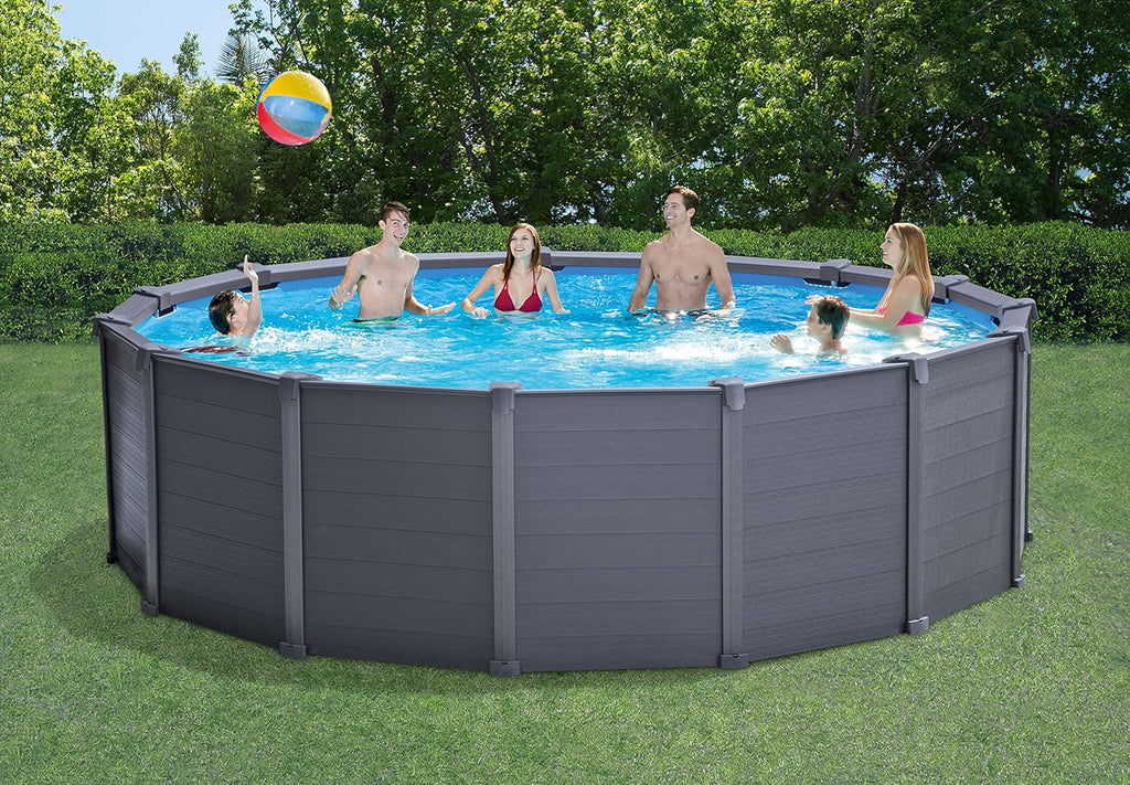 Intex Frame Pool Set Graphit Ø 478 x 124 cm, Pool, Sandfilter, Abdeckplane, Bodenschutzplane, Sicherheitsleiter, GS, 26384GS, Grau