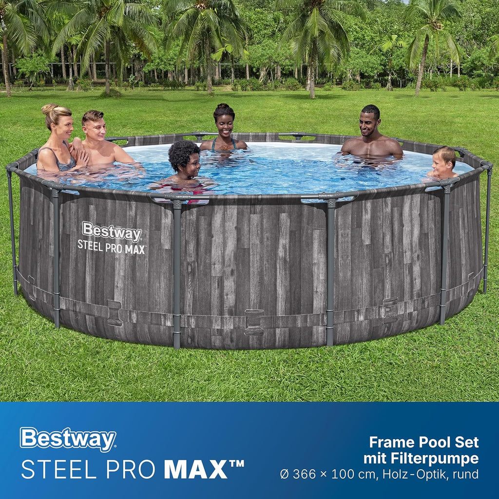 Bestway Steel Pro MAX Frame Pool-Set mit Filterpumpe Ø 366 x 100 cm, Holz-Optik (Mooreiche), rund