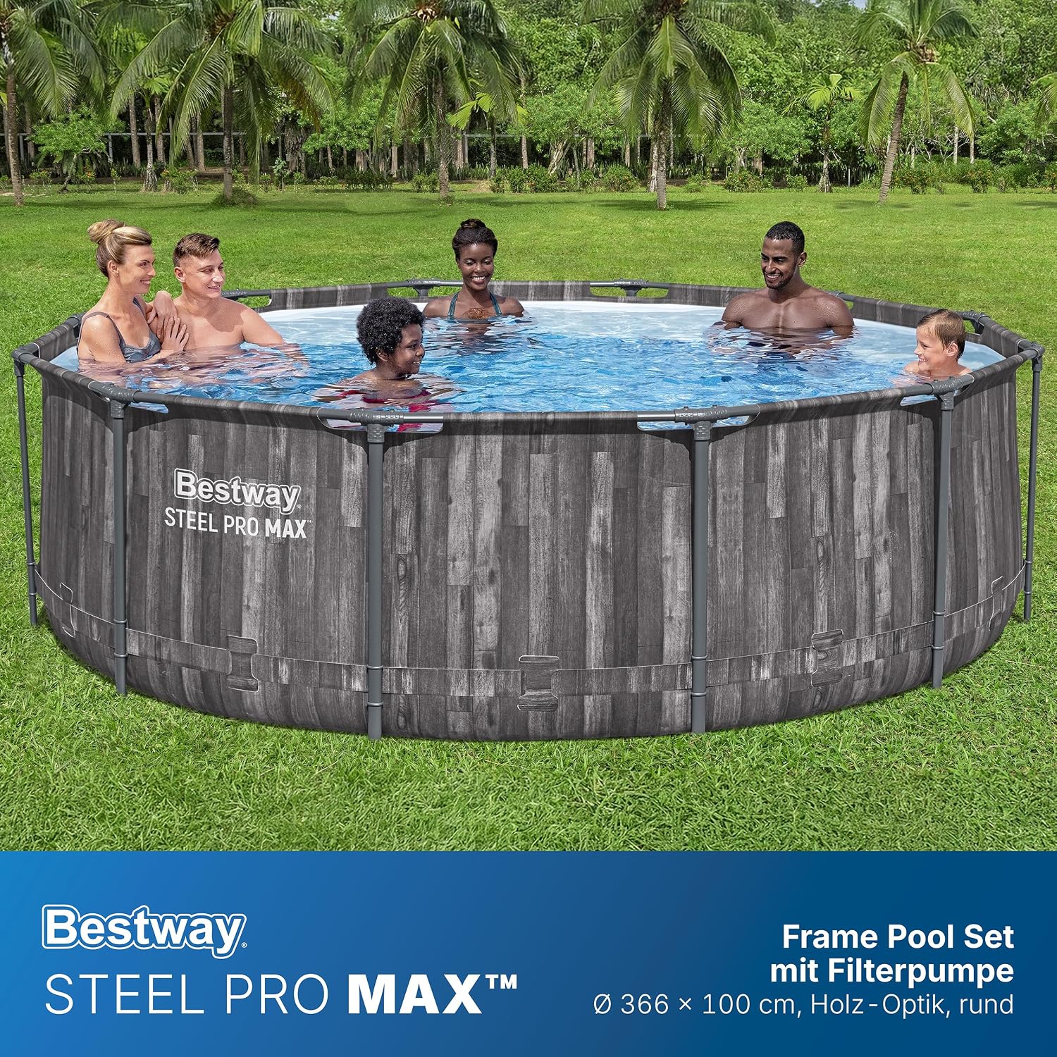 Bestway Steel Pro MAX Frame Pool-Set mit Filterpumpe Ø 366 x 100 cm, Holz-Optik (Mooreiche), rund